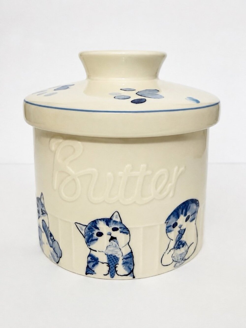 Ceramic Butter Bell Crock Blue White Cats Kitten Cottagecore Kitchen Decor
